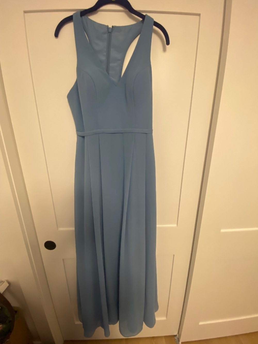 Azazie Dusty Blue V- neck Maxi Chiffon Bridesmaid Dress, Size 4